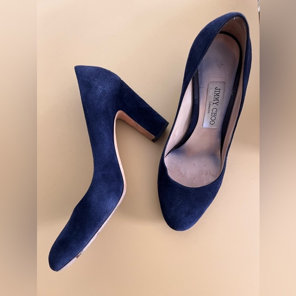 Jimmy Choo Georgia navy suede round toe pumps block heels sz 37.5 US 7.5 - Picture 2 of 4